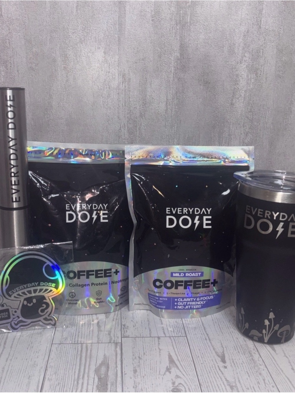 Lot of 5 Everyday Dose Items: 2 Mushroom Coffees, 1 Frother, 1 Tumbler, 1 Magnet